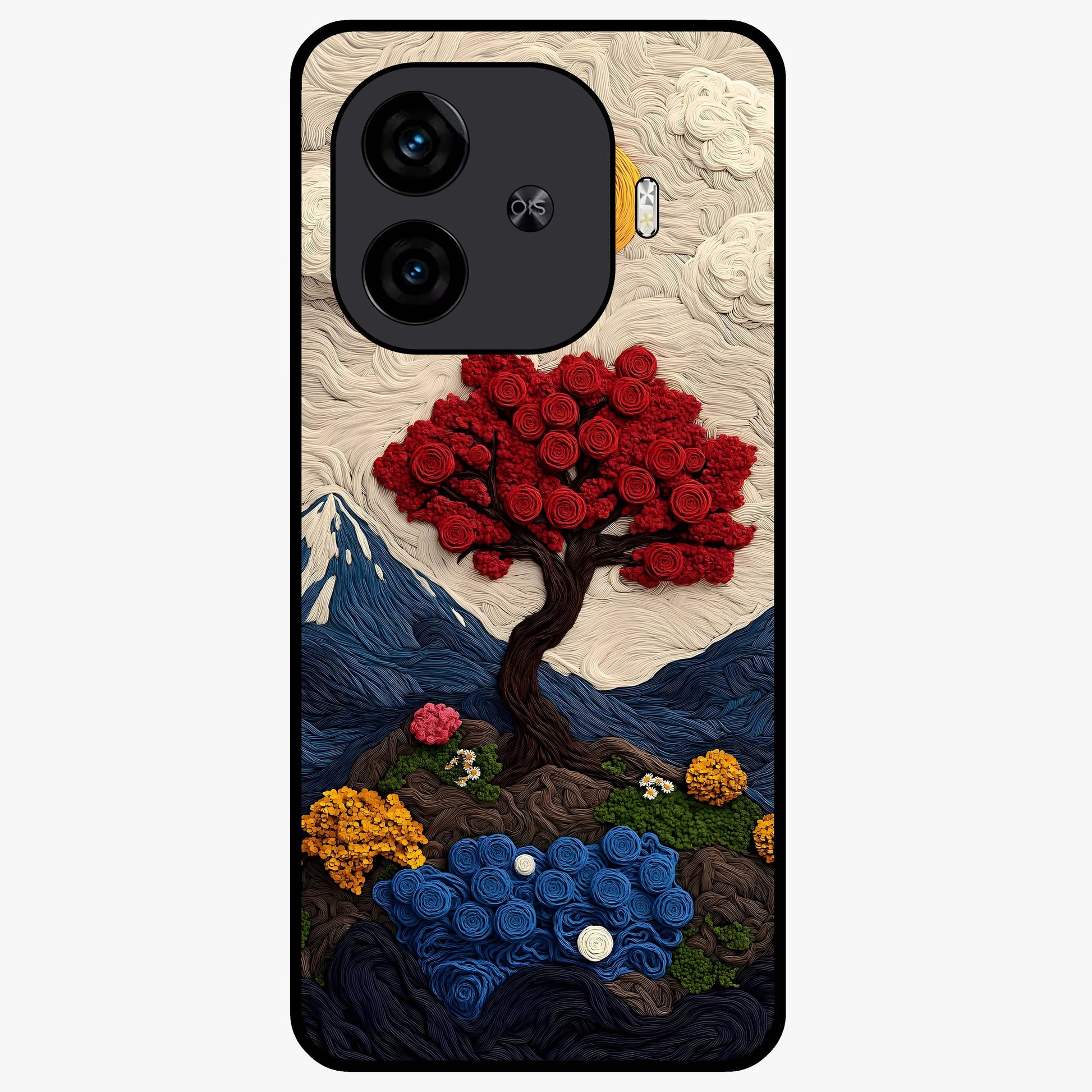 Eternal Nature Tapestry Glass Case showing flat back view with intricate nature tapestry artwork and glossy glass finish.