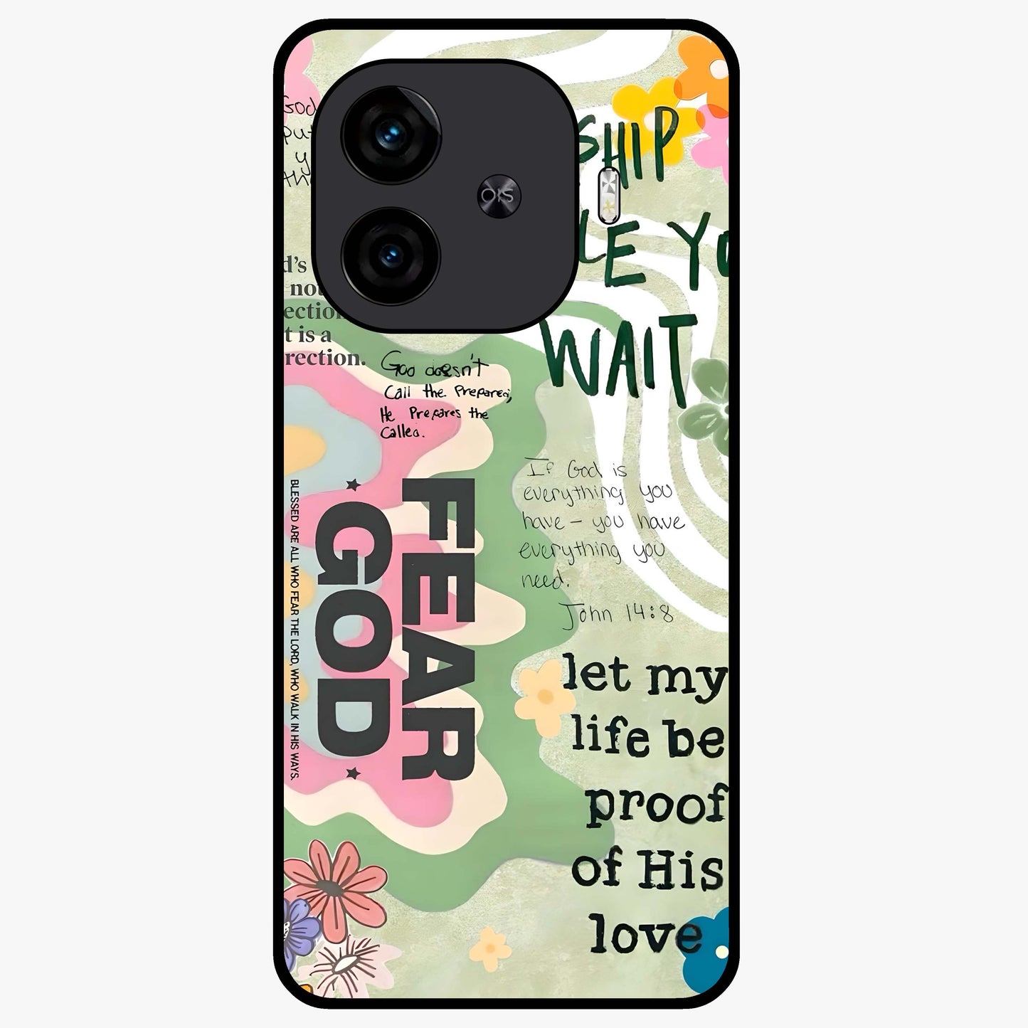 Faith Over Fear Glass Case showing flat back view with motivational typography artwork and glossy glass finish.