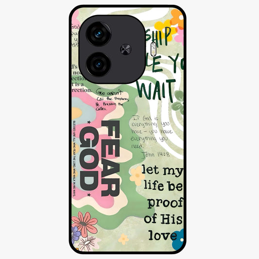 Faith Over Fear Glass Case showing flat back view with motivational typography artwork and glossy glass finish.