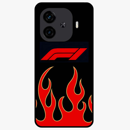 Fire F11 Glass Case showing flat back view with fiery themed artwork and glossy glass finish.