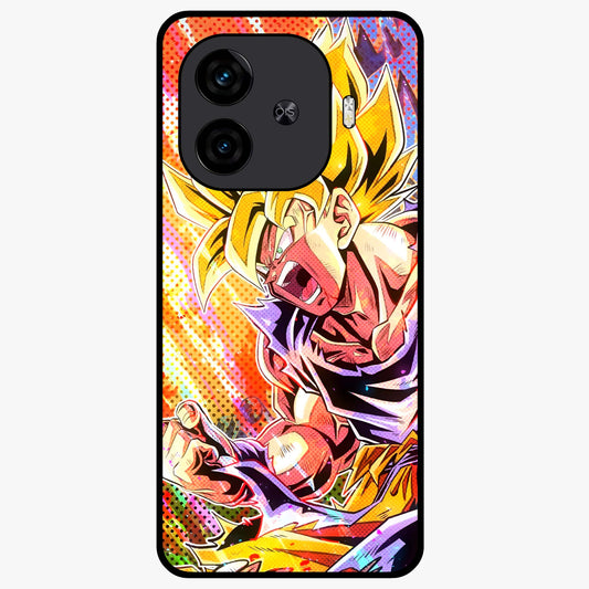 Firing Goku Glass Case showing flat back view with powerful anime inspired artwork and glossy glass finish.
