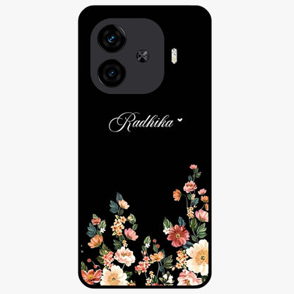 Floral Design With a Custom Personalized Name Glass Case showing flat back view with floral artwork and personalized name design.