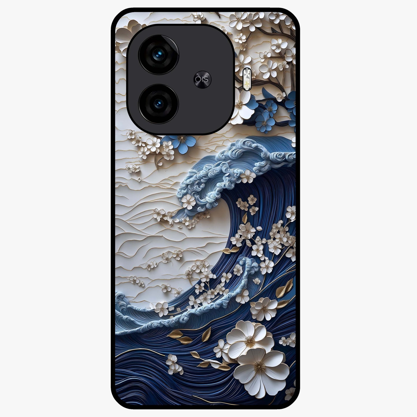 Floral Wave Origami Glass Case showing flat back view with origami inspired floral wave artwork and glossy glass finish.