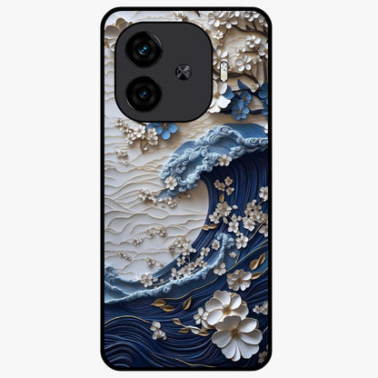 Floral Wave Origami Glass Case showing flat back view with origami inspired floral wave artwork and glossy glass finish.