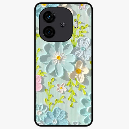 Frosted Petal Garden Glass Case showing flat back view with soft frosted floral artwork and glossy glass finish.