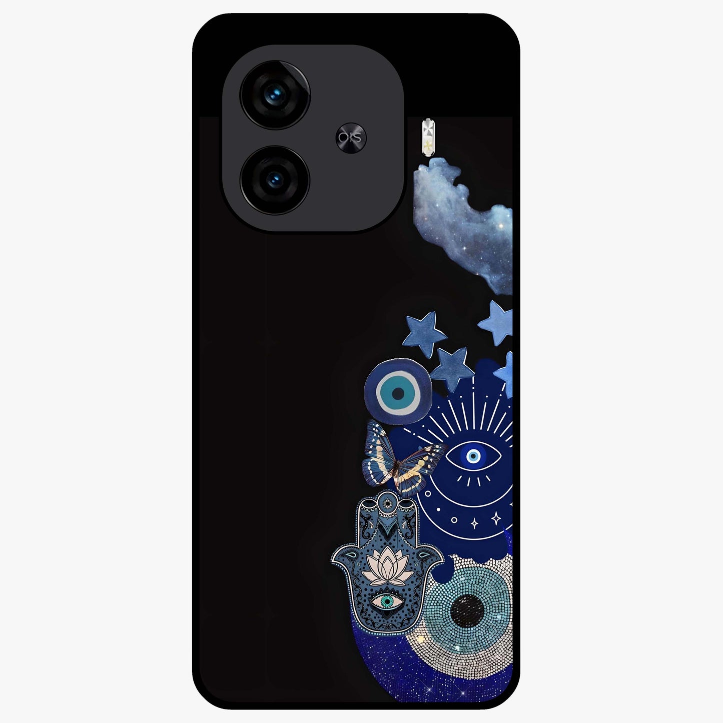Galactic Charm Cluster Glass Case showing flat back view with glowing celestial charm artwork and glossy glass finish.