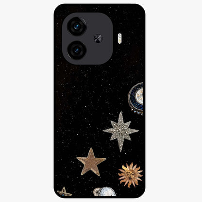 Galactic Charm Glow Glass Case showing flat back view with glowing celestial charm artwork and glossy glass finish.