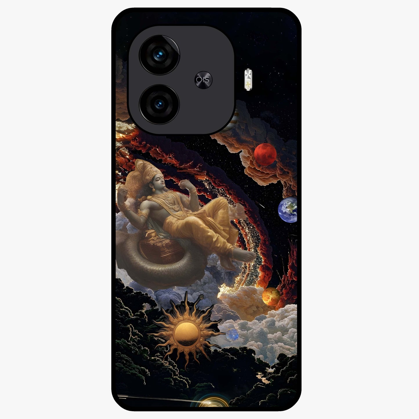 Galactic Divine God Glass Case showing flat back view with divine cosmic themed artwork and glossy glass finish.
