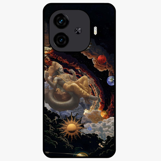 Galactic Divine God Glass Case showing flat back view with divine cosmic themed artwork and glossy glass finish.