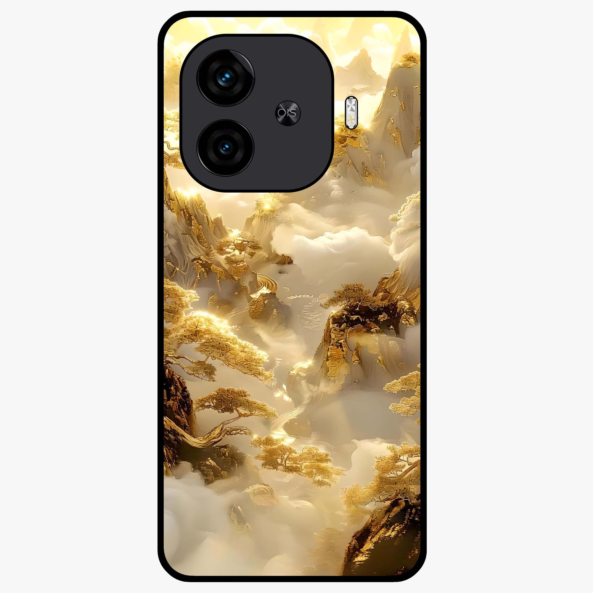 Gates Of Illumination Glass Case showing flat back view with mystical illuminated gate artwork and glossy glass finish.