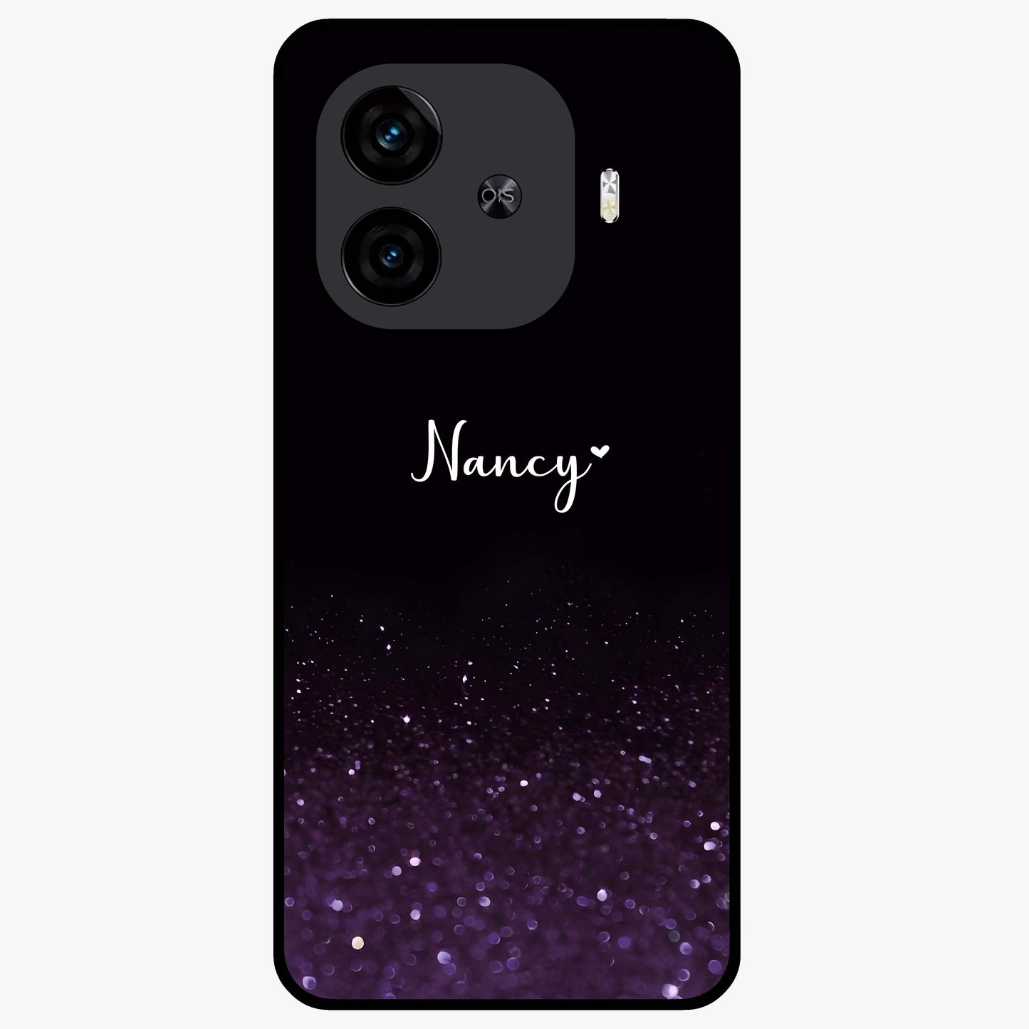 Glittery Purple Bokeh Custom Name Glass Case showing flat back view with purple bokeh sparkle artwork and personalized name design.