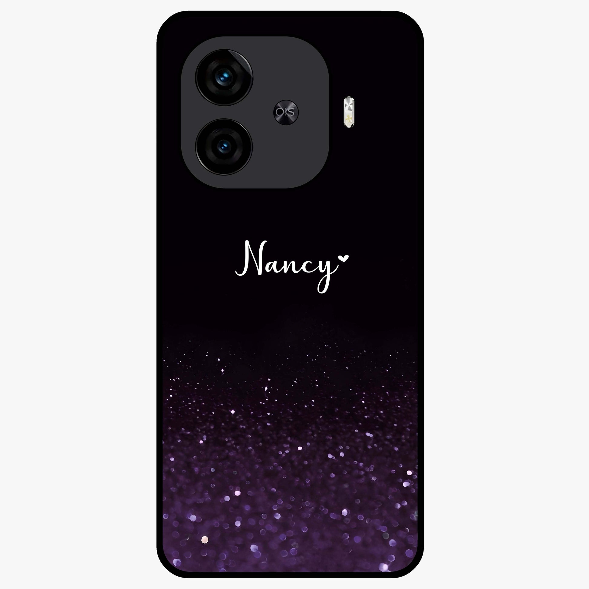 Glittery Purple Bokeh Custom Name Glass Case showing flat back view with purple bokeh sparkle artwork and personalized name design.
