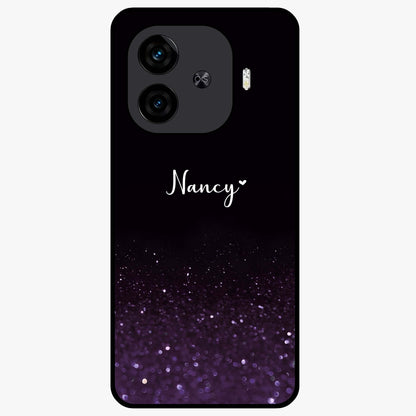 Glittery Purple Bokeh Custom Name Glass Case showing flat back view with purple bokeh sparkle artwork and personalized name design.