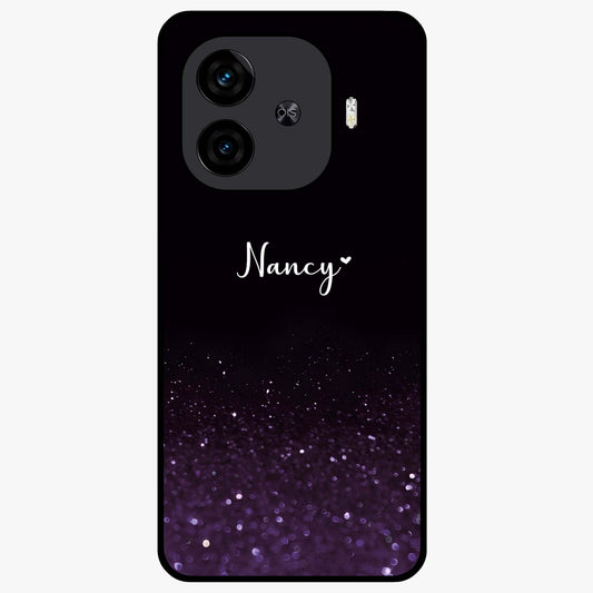Glittery Purple Bokeh Custom Name Glass Case showing flat back view with purple bokeh sparkle artwork and personalized name design.