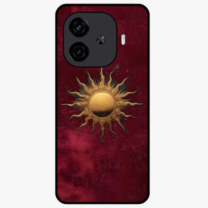 Gold Sun Blush Glass Case showing flat back view with golden sun inspired artwork and glossy glass finish.