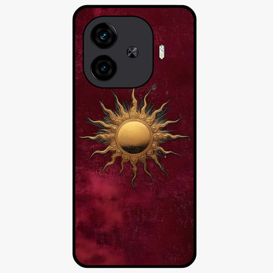 Gold Sun Blush Glass Case showing flat back view with golden sun inspired artwork and glossy glass finish.