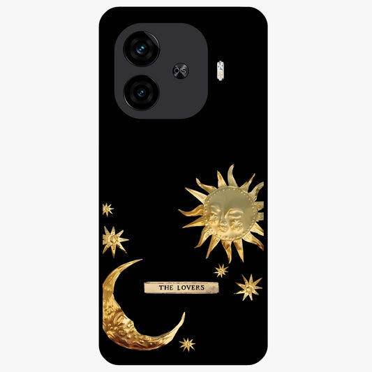 Golden Celestial Charm Glass Case showing flat back view with golden celestial charm artwork and glossy glass finish.