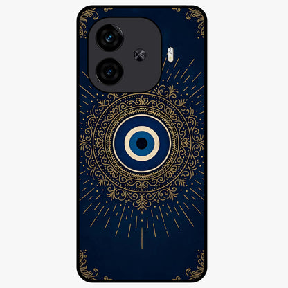 Golden Evil Eye Mandala Glass Case showing flat back view with intricate evil eye mandala artwork and glossy glass finish.