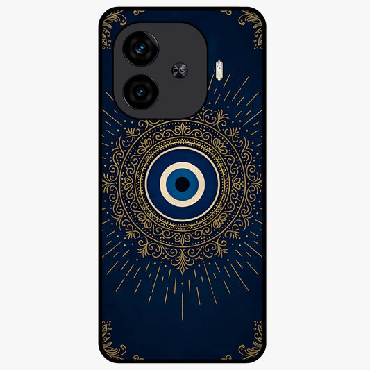 Golden Evil Eye Mandala Glass Case showing flat back view with intricate evil eye mandala artwork and glossy glass finish.