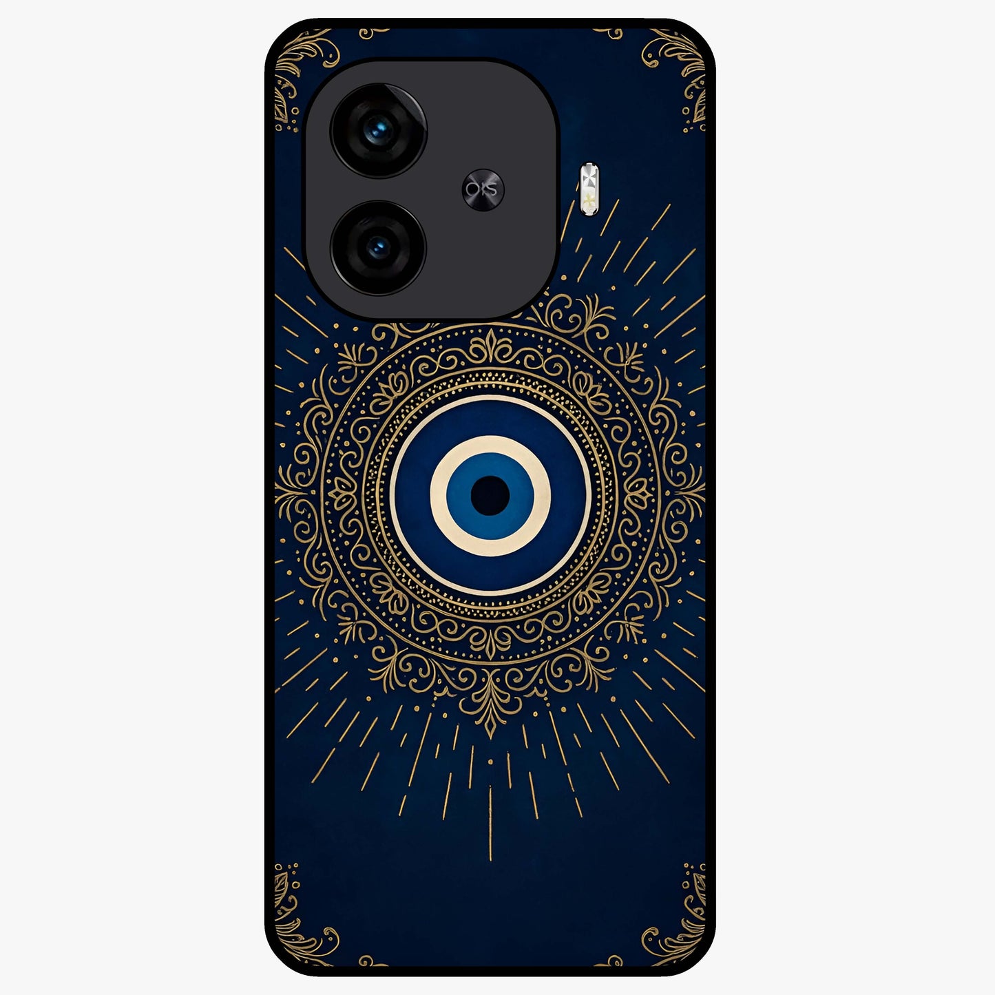Golden Evil Eye Mandala Glass Case showing flat back view with intricate evil eye mandala artwork and glossy glass finish.