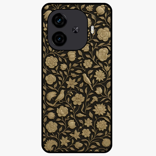 Golden Floral Majesty Glass Case showing flat back view with luxurious golden floral artwork and glossy glass finish.