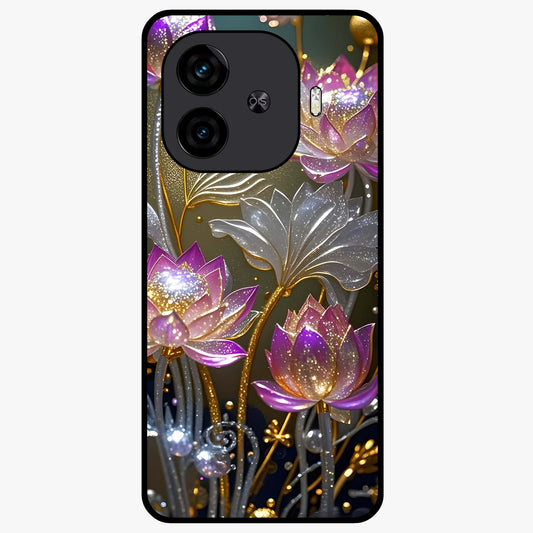 Golden Lotus Glow Glass Case showing flat back view with glowing lotus flower artwork and glossy glass finish.