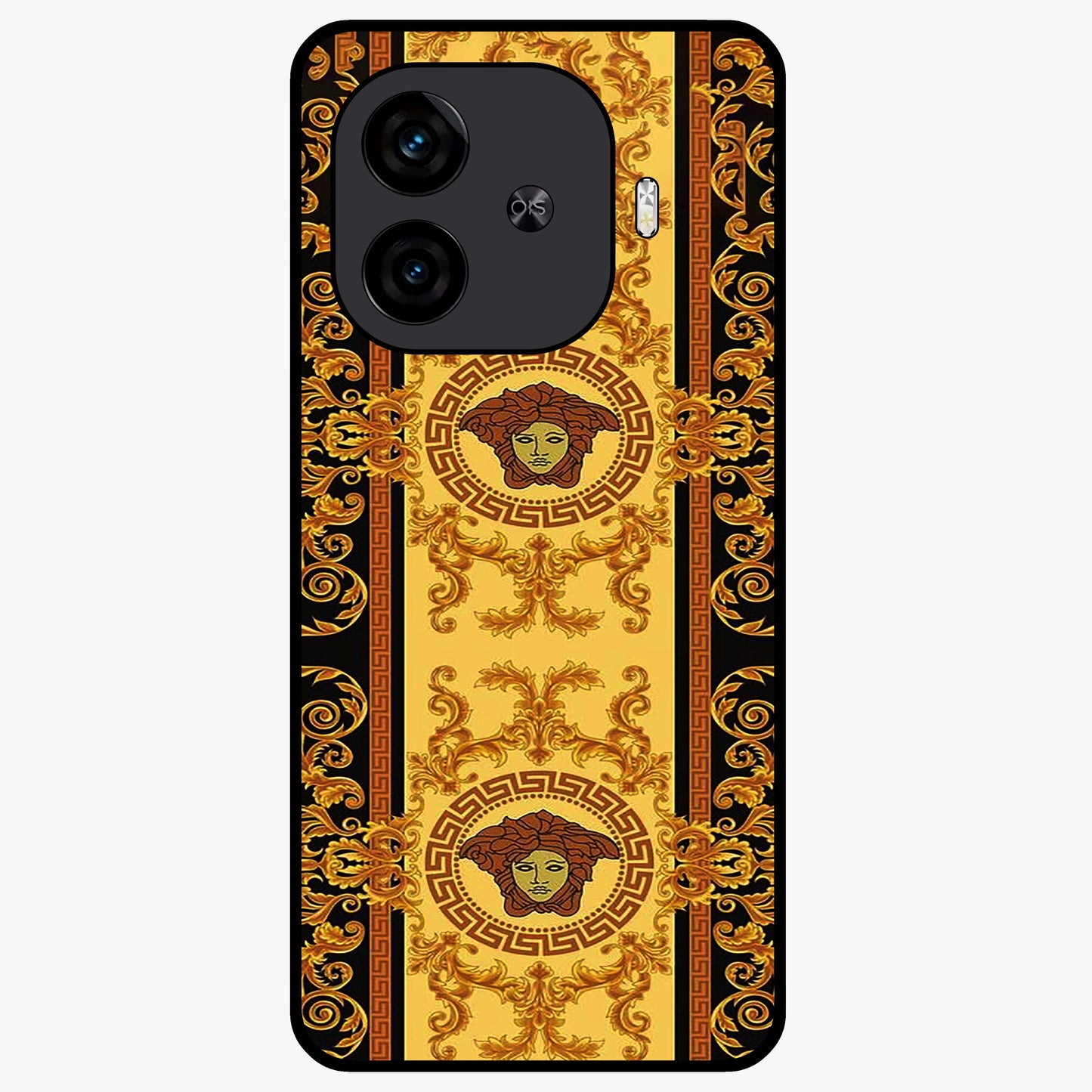 Golden Royal Heritage Glass Case showing flat back view with ornate royal pattern artwork and glossy glass finish.