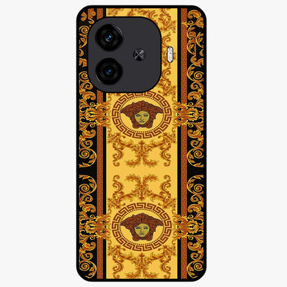 Golden Royal Heritage Glass Case showing flat back view with ornate royal pattern artwork and glossy glass finish.