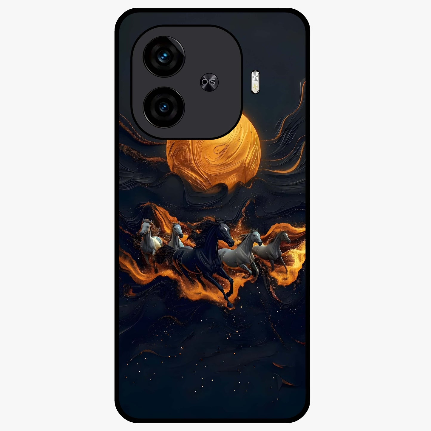 Golden Stallion Moonride Glass Case showing flat back view with majestic horse under moonlight artwork and glossy glass finish.