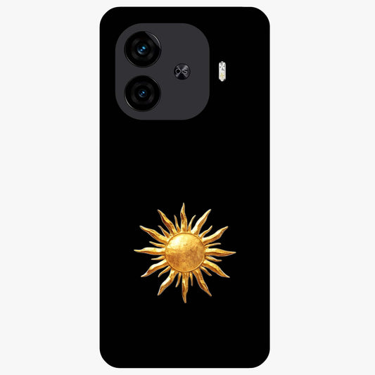 Golden Sun Minimalism Glass Case showing flat back view with minimal golden sun artwork and glossy glass finish.