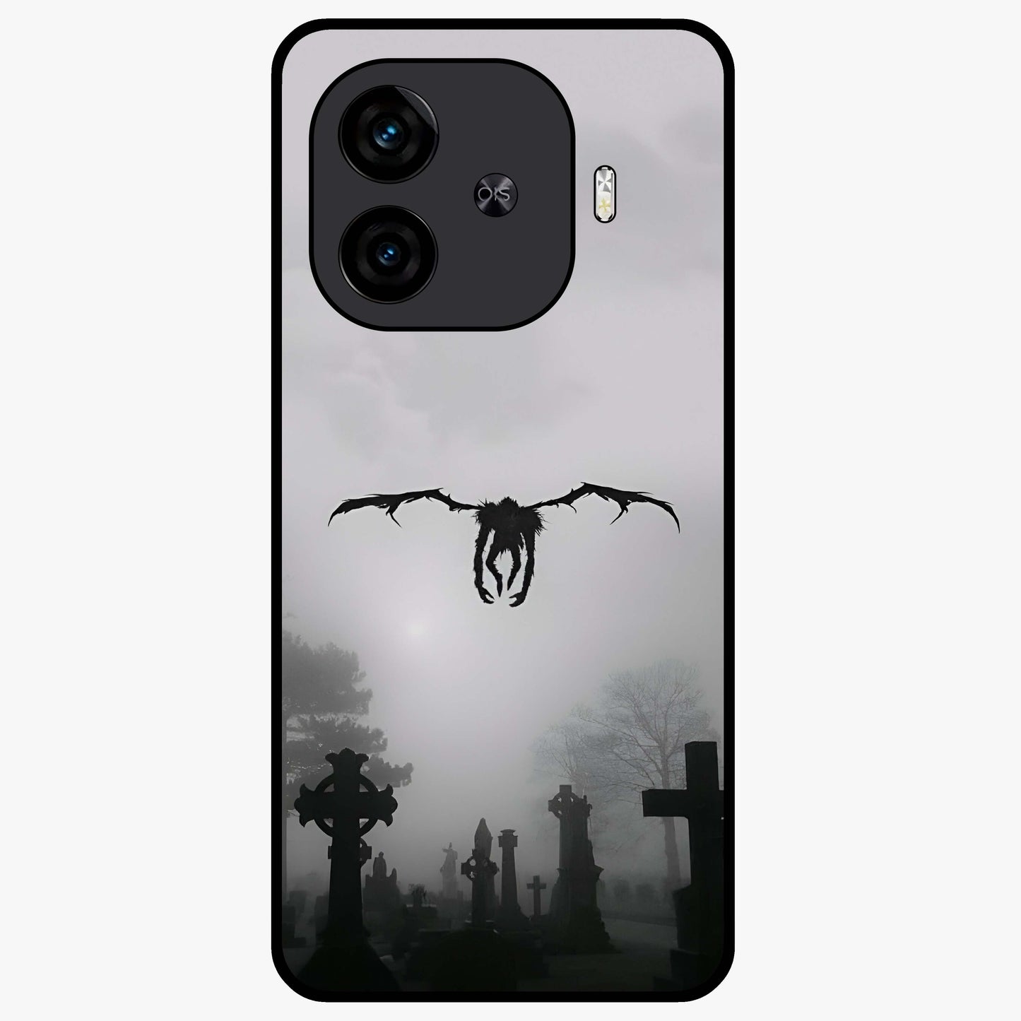 Graveyard Shadow Descent Glass Case showing flat back view with dark graveyard themed artwork and glossy glass finish.