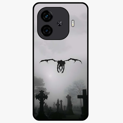 Graveyard Shadow Descent Glass Case showing flat back view with dark graveyard themed artwork and glossy glass finish.