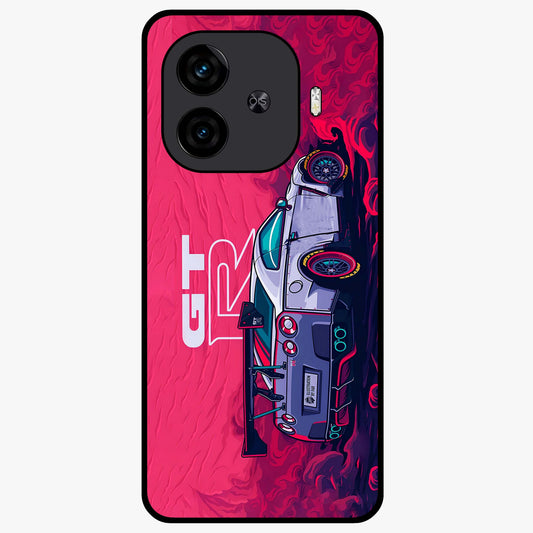 GT-R Car Pattern Glass Case showing flat back view with sporty car inspired pattern artwork and glossy glass finish.
