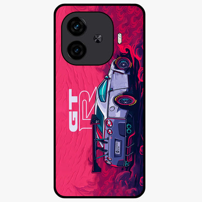 GT-R Car Pattern Glass Case showing flat back view with sporty car inspired pattern artwork and glossy glass finish.