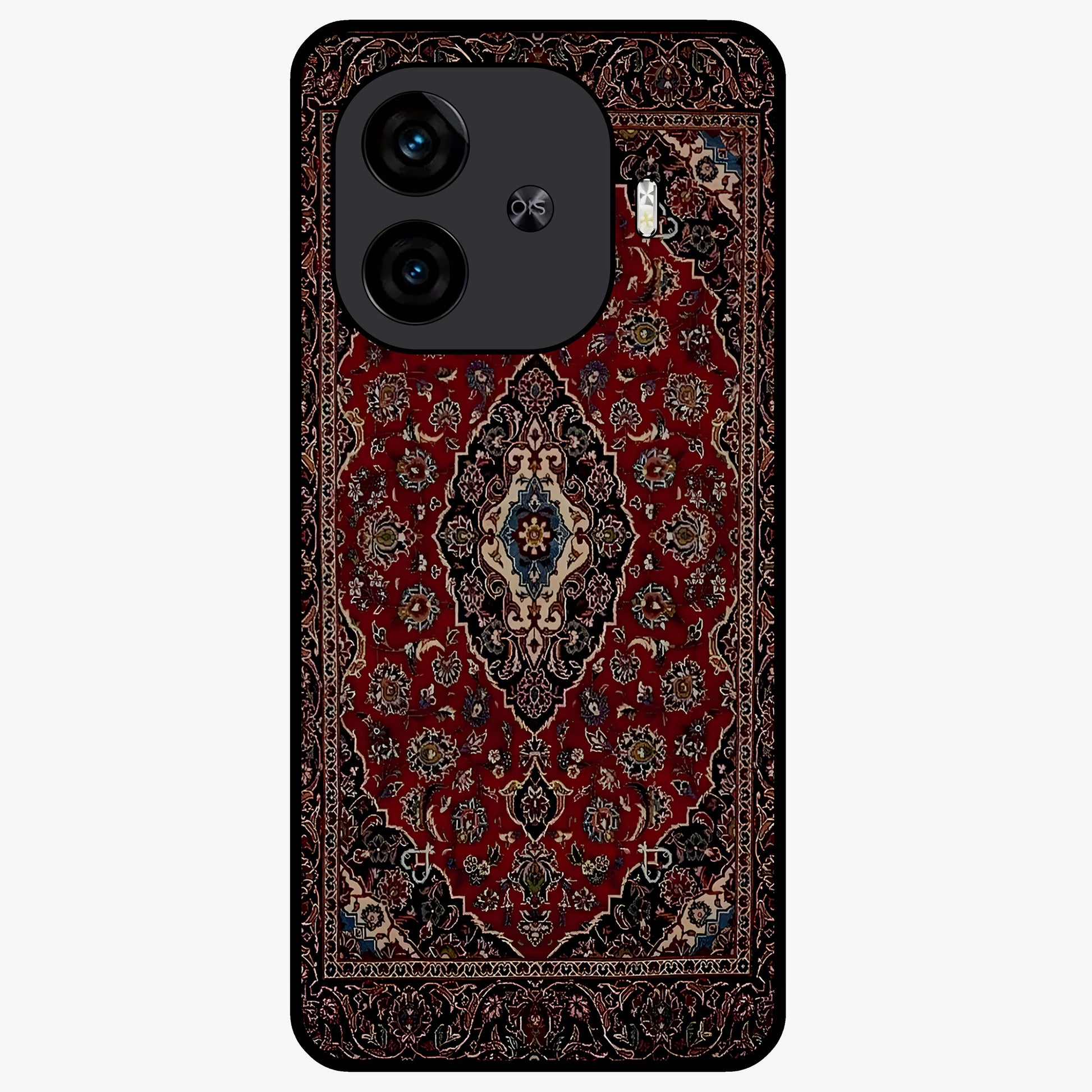 Heritage Carpet Royale Glass Case showing flat back view with ornate Persian carpet inspired pattern and glossy glass finish.