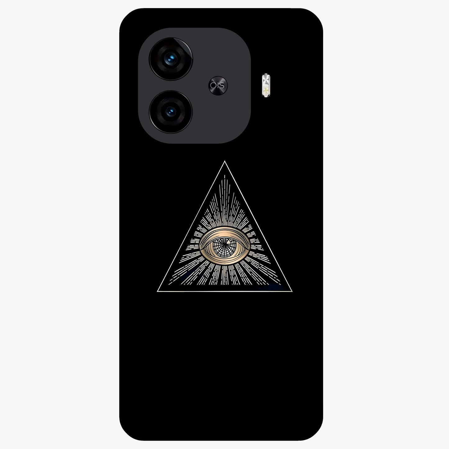 Illuminati Evil Glass Case showing flat back view with mysterious illuminati symbol artwork and glossy glass finish.