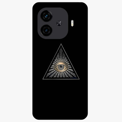 Illuminati Evil Glass Case showing flat back view with mysterious illuminati symbol artwork and glossy glass finish.