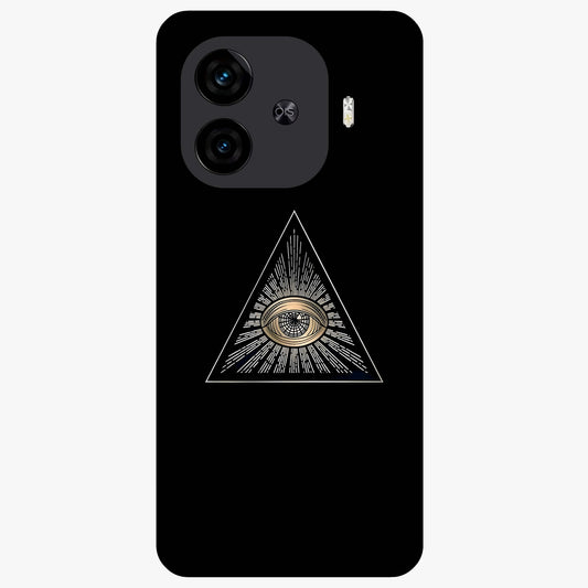 Illuminati Evil Glass Case showing flat back view with mysterious illuminati symbol artwork and glossy glass finish.