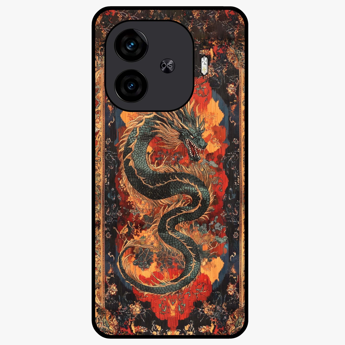 Inferno Dragon Soul Glass Case showing flat back view with fiery dragon artwork and glossy glass finish.