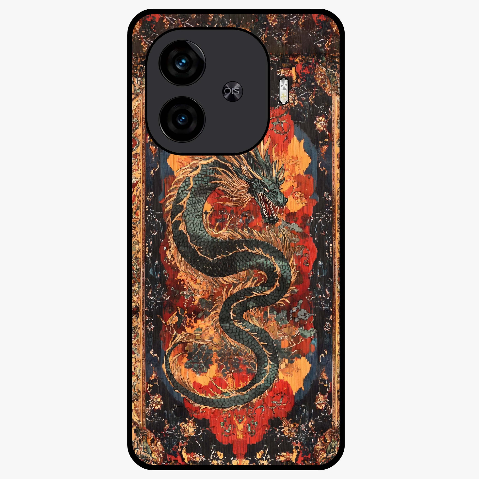 Inferno Dragon Soul Glass Case showing flat back view with fiery dragon artwork and glossy glass finish.