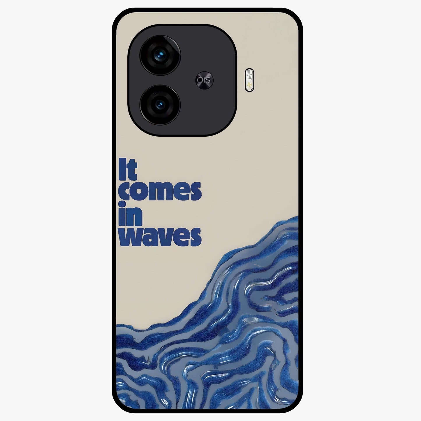 It Comes In Waves Quote Glass Case showing flat back view with inspirational wave themed quote artwork and glossy glass finish.