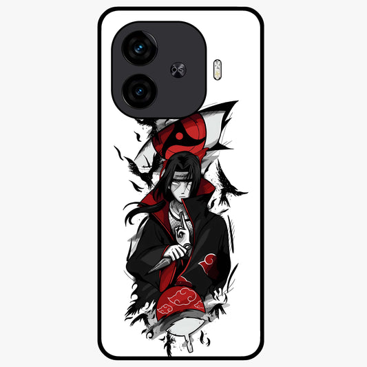 Itachi Sharingan Glass Case showing flat back view with powerful anime eye artwork and glossy glass finish.