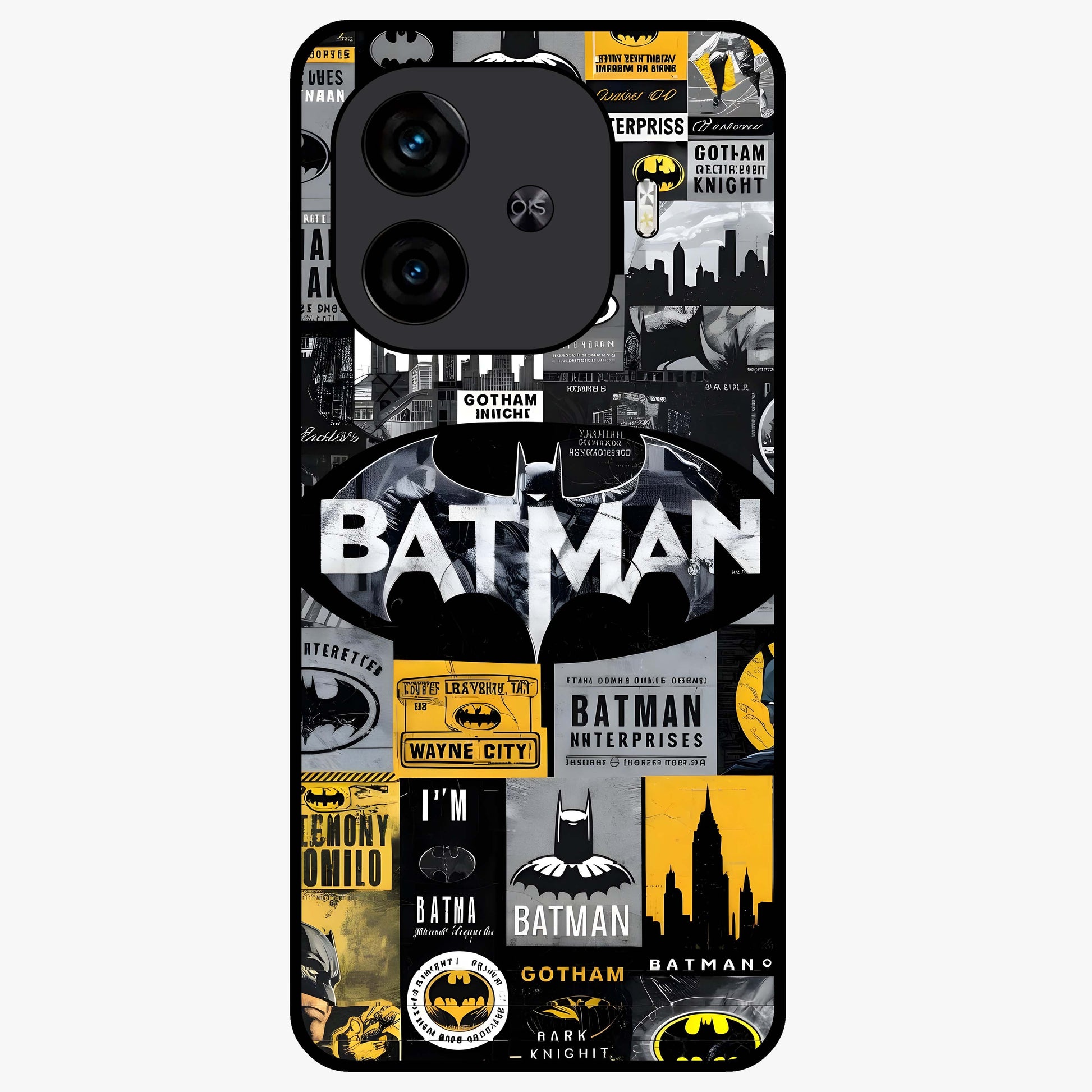 Knight Gotham Rise Glass Case showing flat back view with dark hero inspired artwork and glossy glass finish.