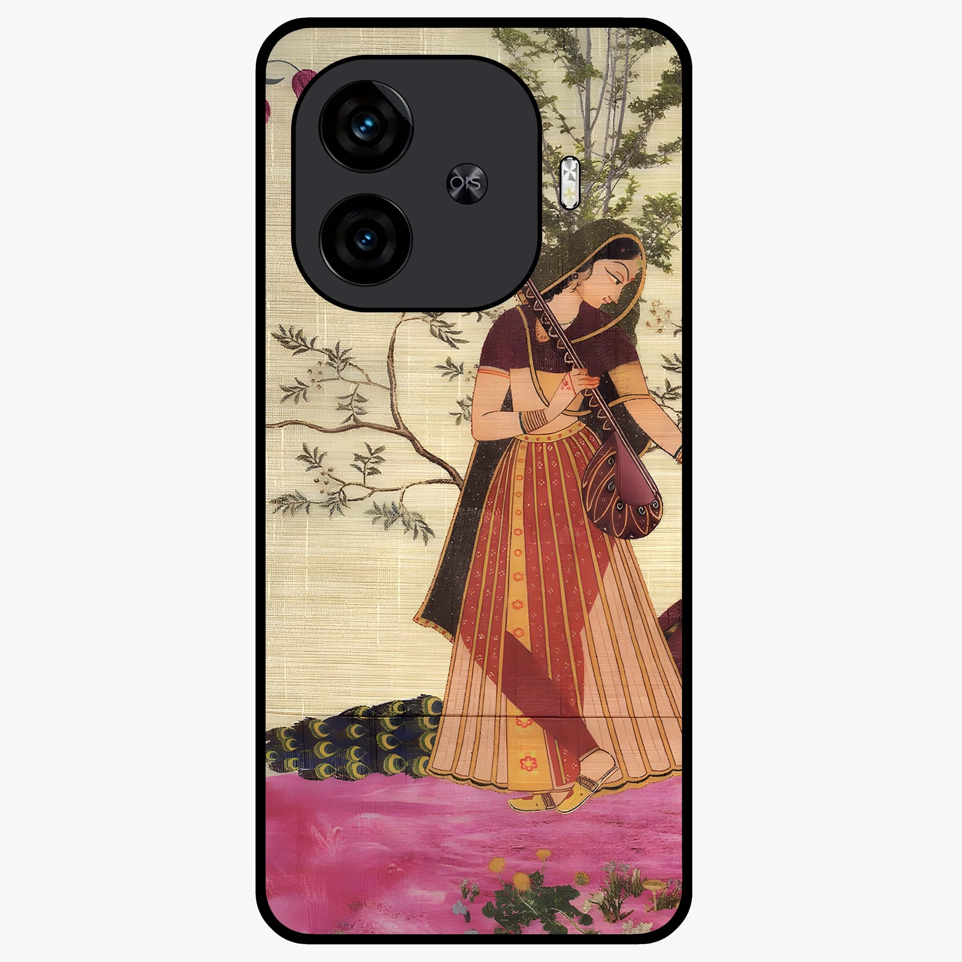 Lady With Veena Art Glass Case showing flat back view with elegant woman playing veena artwork and glossy glass finish.