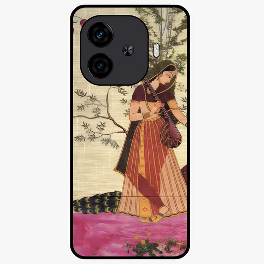 Lady With Veena Art Glass Case showing flat back view with elegant woman playing veena artwork and glossy glass finish.