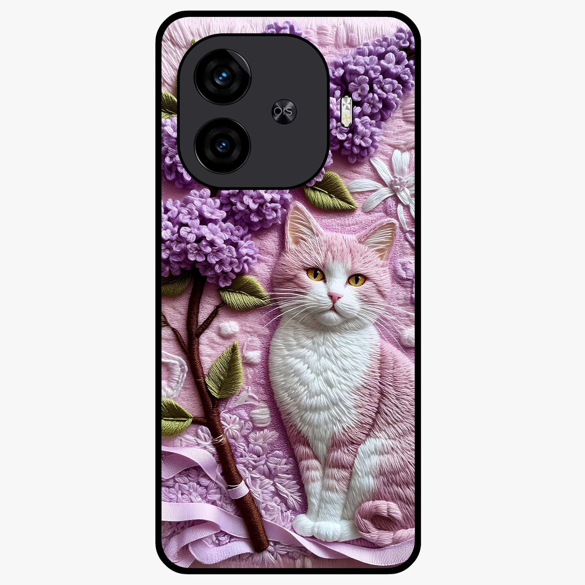 Lavender Cat Whimsy Glass Case showing flat back view with cute lavender cat artwork and glossy glass finish.