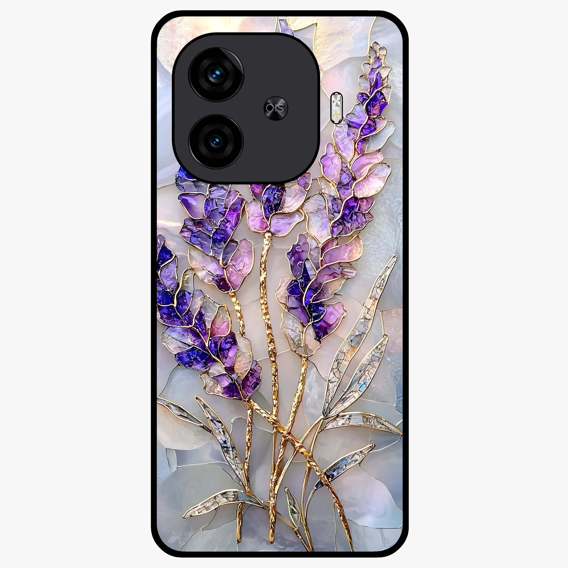 Lavender Dream Glow Glass Case showing flat back view with glowing lavender aesthetic artwork and glossy glass finish.
