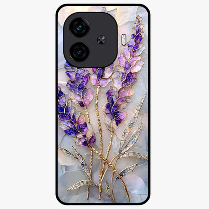Lavender Dream Glow Glass Case showing flat back view with glowing lavender aesthetic artwork and glossy glass finish.