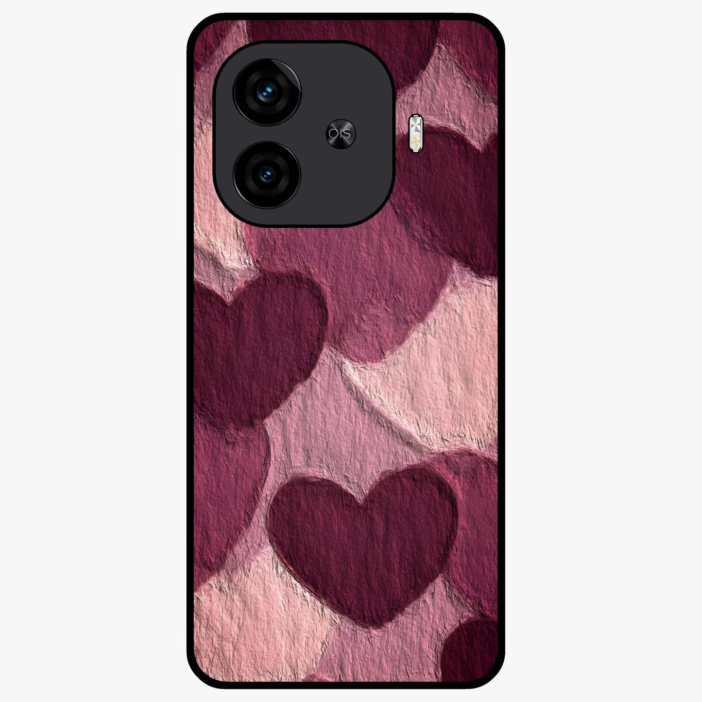 Layered Paper Hearts Glass Case showing flat back view with layered paper heart artwork and glossy glass finish.