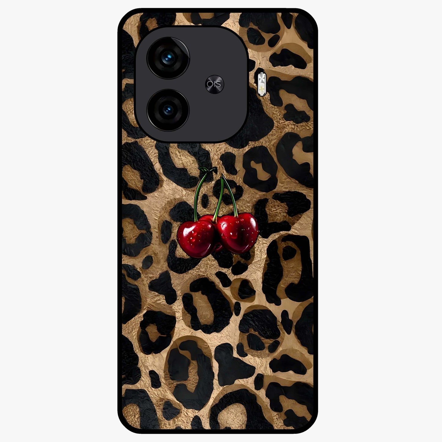 Leopard Wild Cherry Glass Case showing flat back view with leopard pattern and cherry artwork and glossy glass finish.